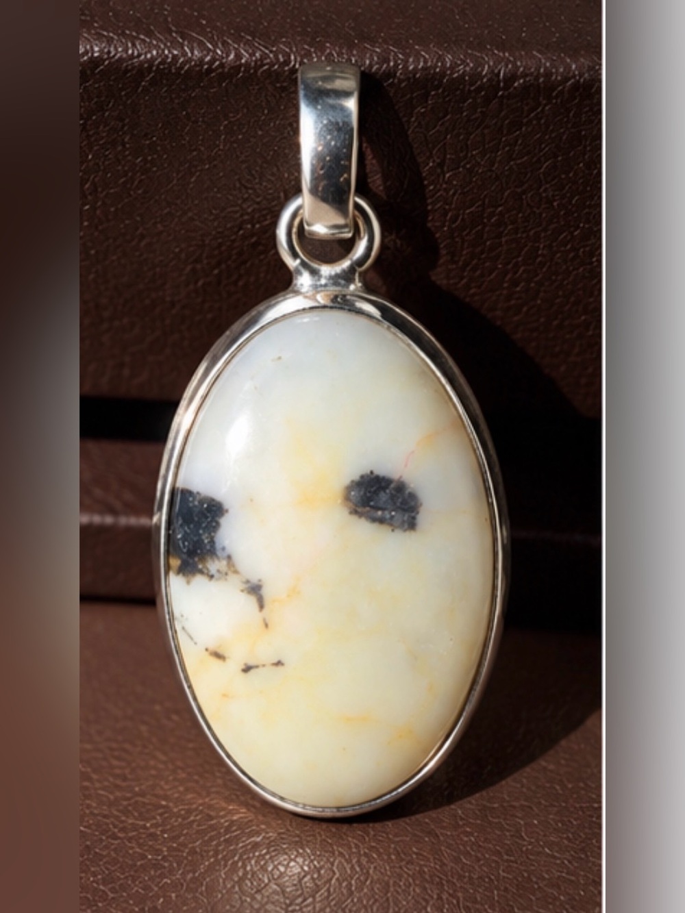 White and Black Oval Stone Pendant Necklace - Sterling Setting